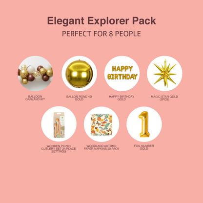 Elegant Explorer Pack for 8 people with birthday-themed items on a pink background