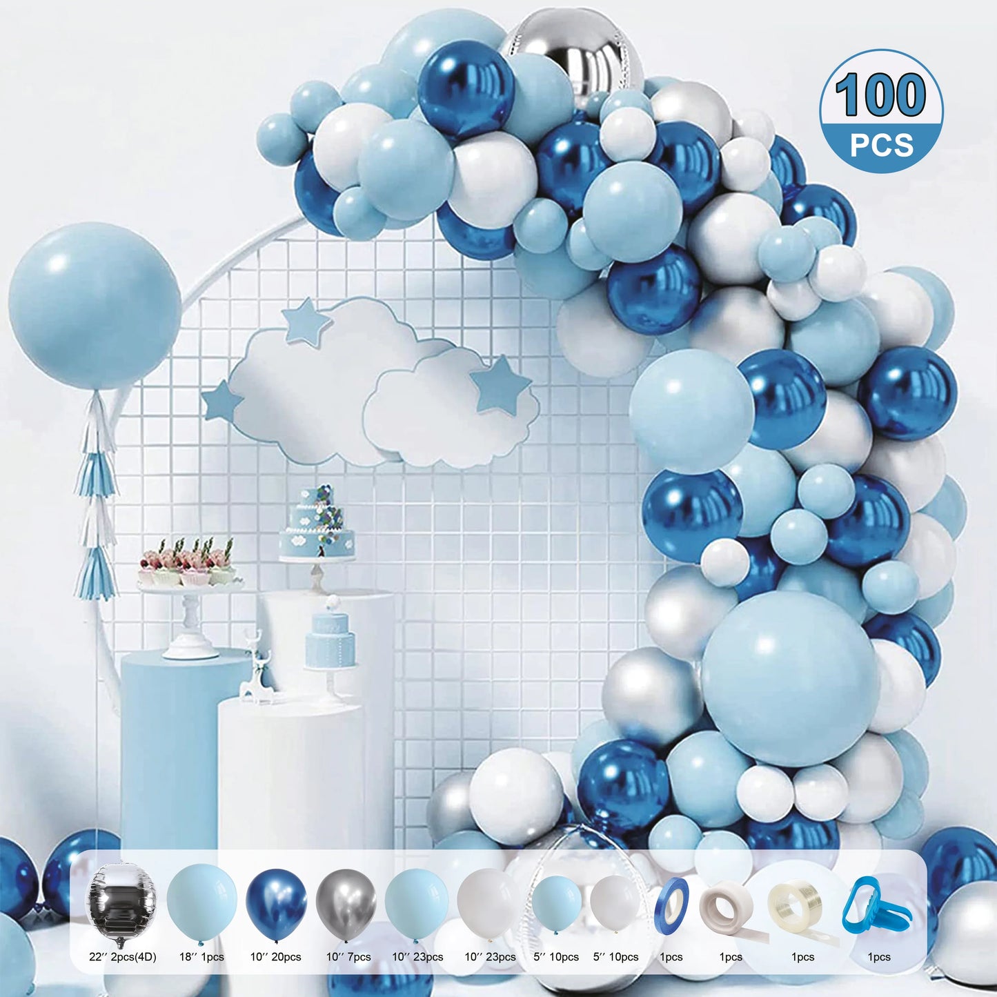 Balloon Garland Kit - Blue , White and Silver - CasaRosa
