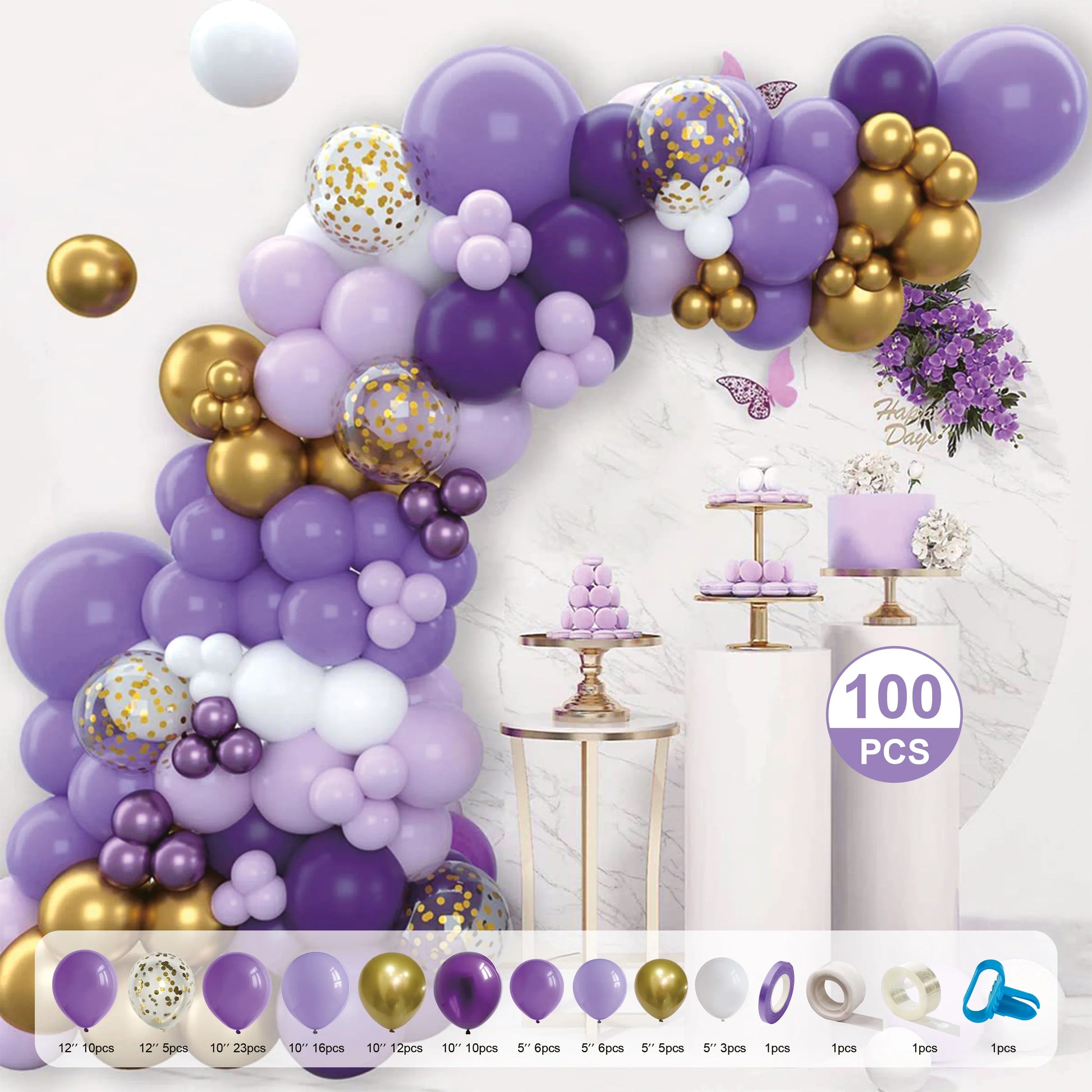 Balloon Garland Set - Purple, White & Gold - CasaRosa