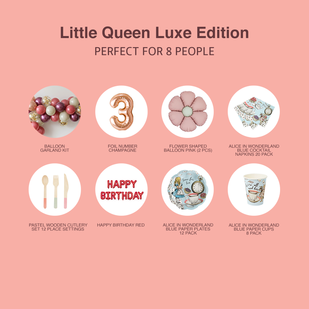 Collection of birthday party supplies with 'Little Queen Luxe Edition' branding on a pink background.