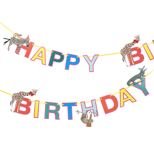Guirlande en papier Happy Birthday safari singe et zèbre
