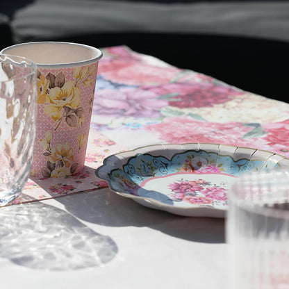 أكواب ورقية مزينة بزهور وردية وصفراء 8 قطع