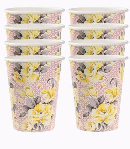 أكواب ورقية مزينة بزهور وردية وصفراء 8 قطع