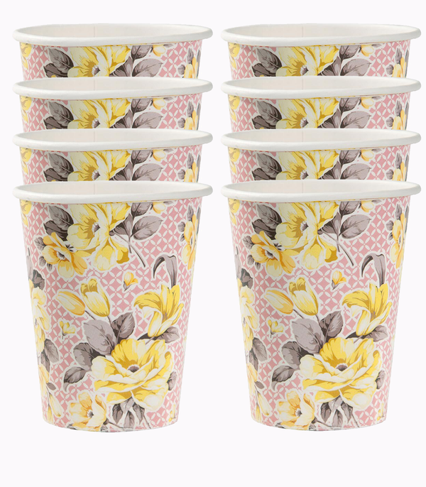 Gobelets en papier fleurs rose et jaune 8 pièces