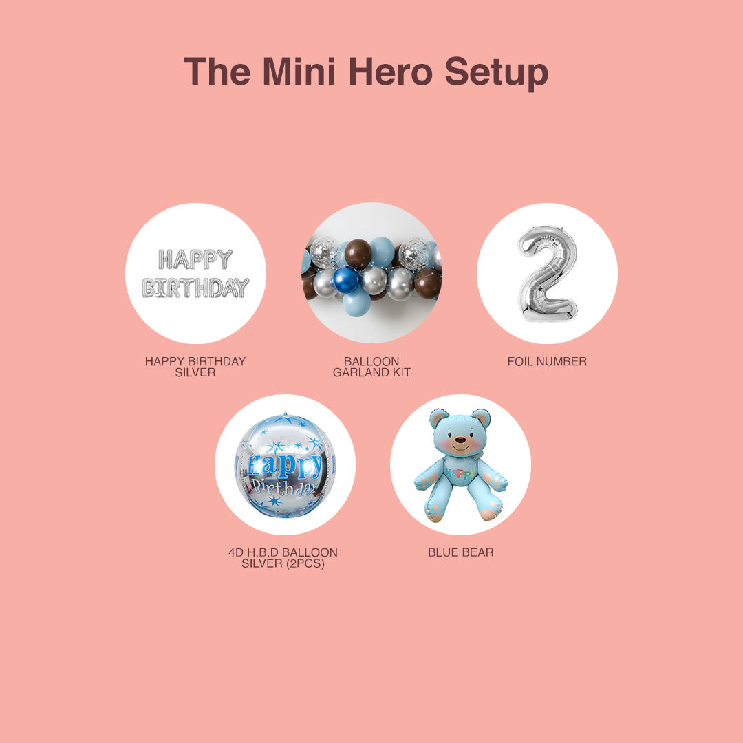 Miniature birthday setup items including 'Happy Birthday' silver balloons, balloon garland kit, foil number '2', 4D HBD balloon set, and blue bear on a pink background.