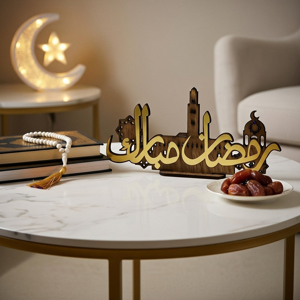 زينة رمضان خشبية «رمضان مبارك» 32×15 سم